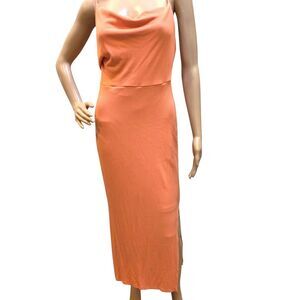 Hello Molly Ribbed Knit Peach Bodycon Maxi Dress Adjustable Spaghetti Strap Slit